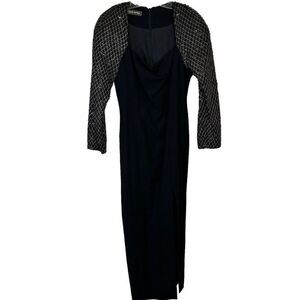 Vtg Morgan Matisse Black Long Cocktail Dress‎ Long Sleeve Bling Side Slit Size 8